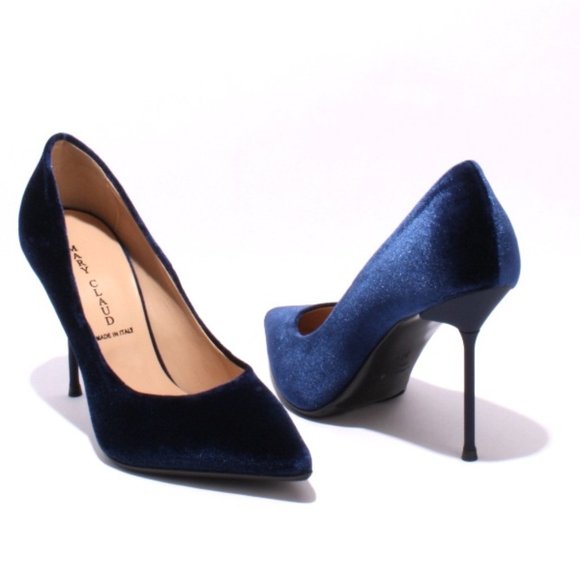 ITALIAN Navy Velour Leather Pointy Heel Pumps - Picture 2 of 8